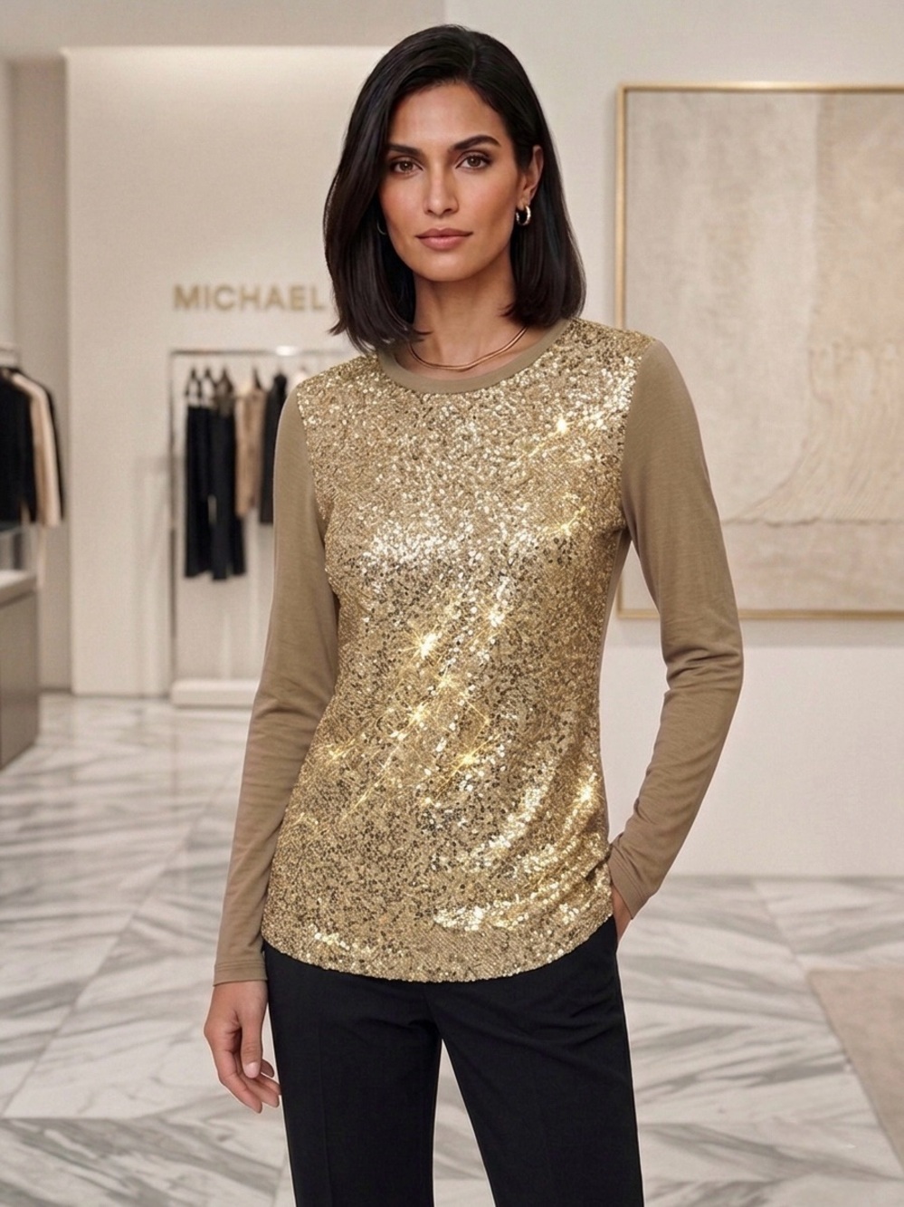 Michael Kors Gold Sequin Front Long-Sleeve Tee with Taupe Sleeves size M